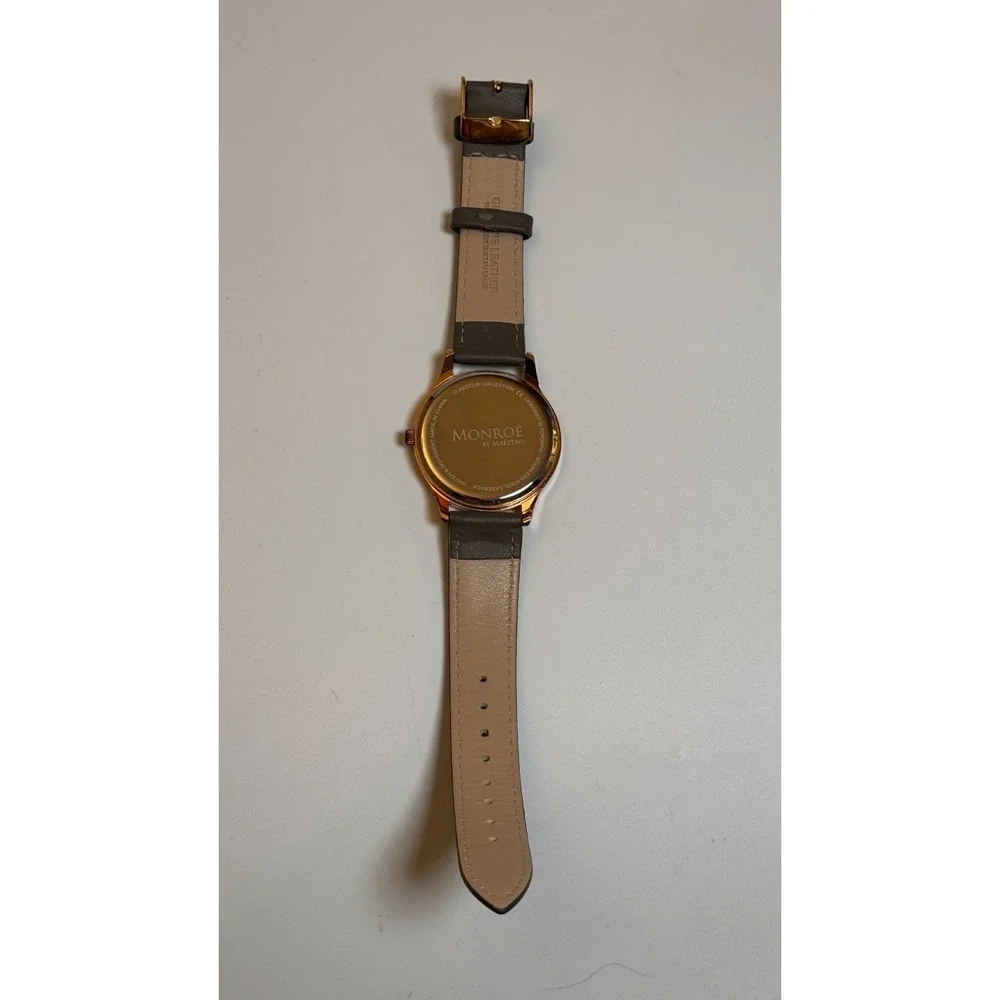 Monroe‎ By Maestro Classique Rose Gold Tone Round Case Gray Leather Band Watch
